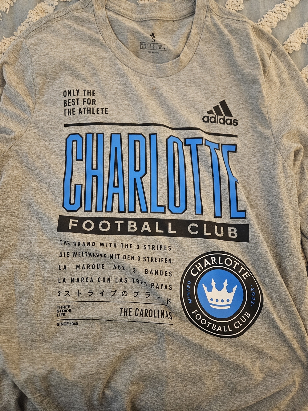 adidas Charlotte Football Club Light Gray Crew Neck Tee Small